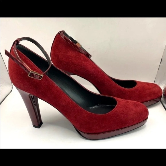 Womens Stuart Weitzman Sz 8.5 Pumps Ankle Strap Mary Janes Dark Red Suede Italy - Picture 4 of 8